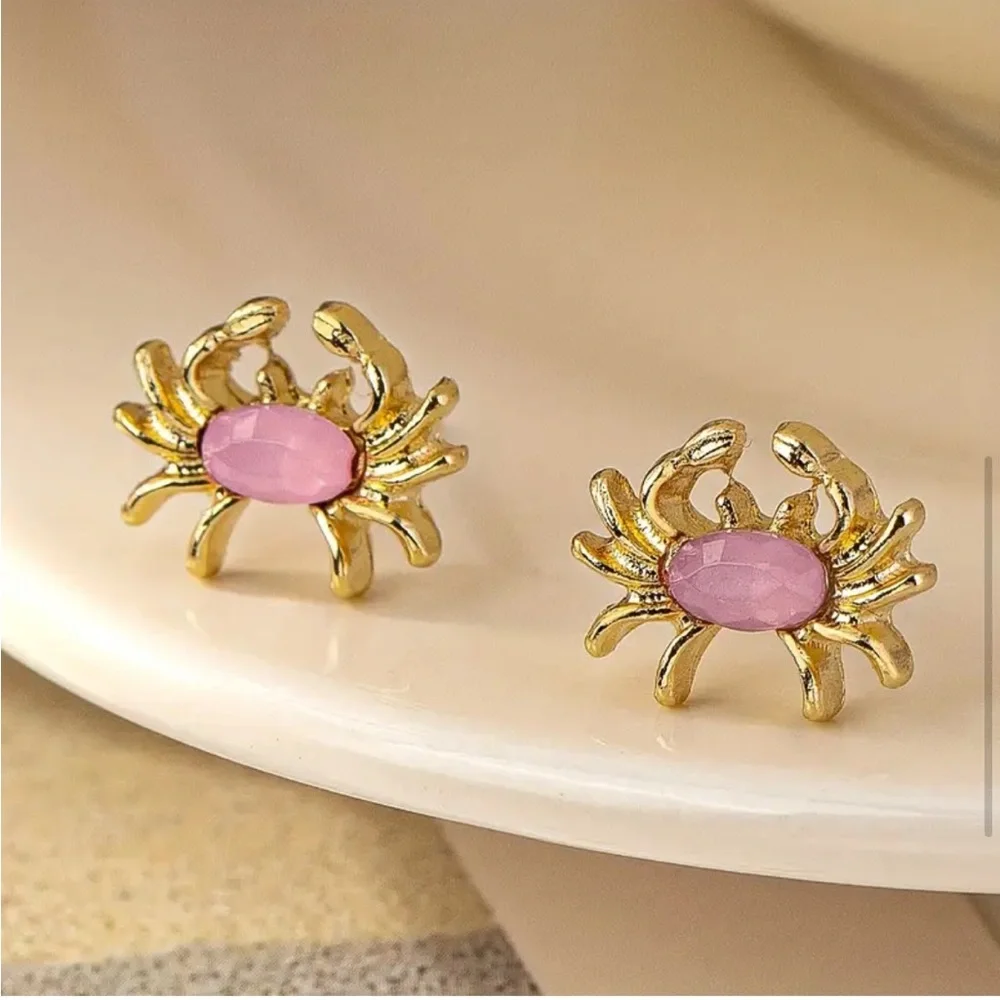 Cute Crab Earrings Dainty Pink Gold Stud Pierced Ears
